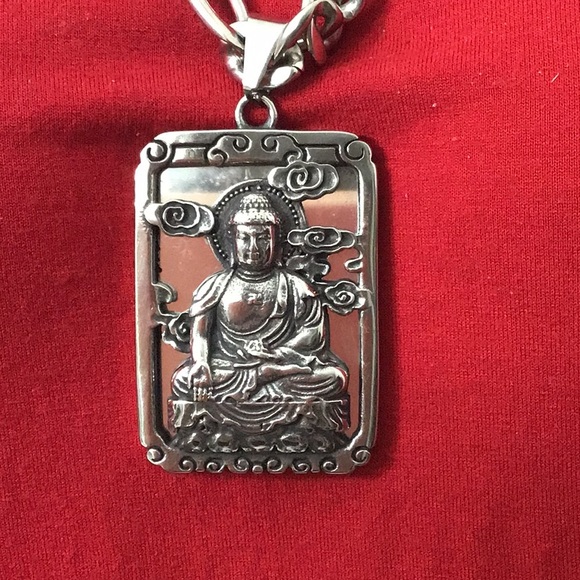 Stunning stainless steel Buddha pendant on large stainless steel Figaro chain.